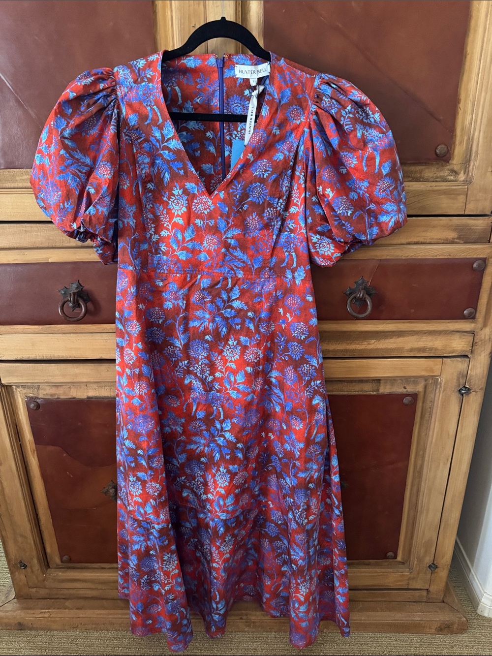 HUNTER BELL Red & Blue Floral Puff-Sleeve Midi Dress